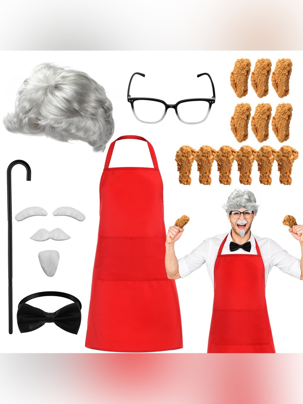 Colonel Sanders KFC Costume Halloween Wig Apron Accessories *Facial Hair Missing
